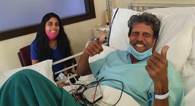 Kapil Dev flashes double thumbs up sign after angioplasty