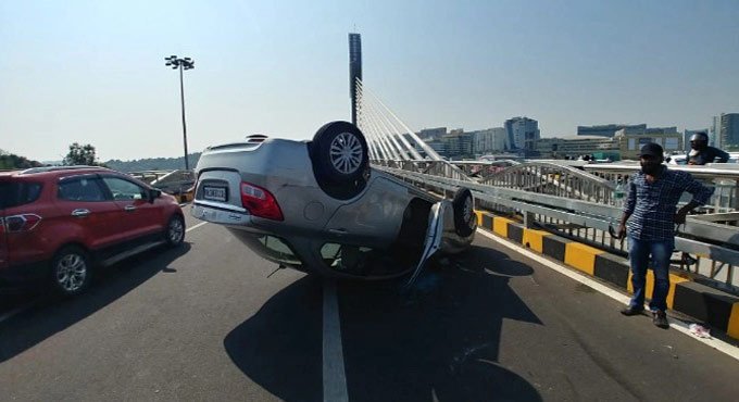 Car overturns on Durgam Cheruvu cable bridge after tyre burst