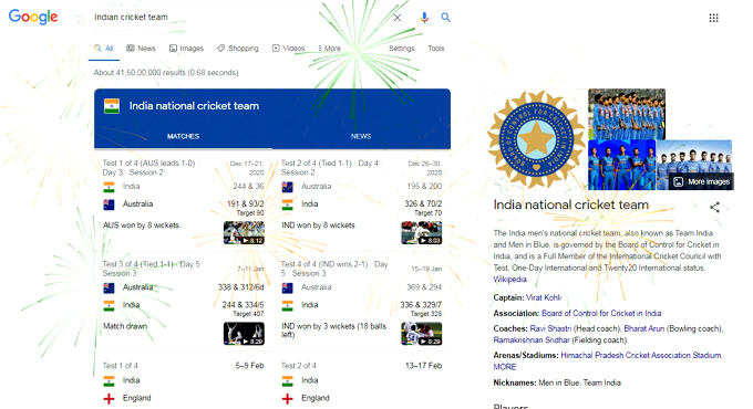 India’s win over Australia celebrated with virtual fireworks on Google