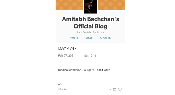 Big B blogs about ‘medical condition’, mentions ‘surgery’