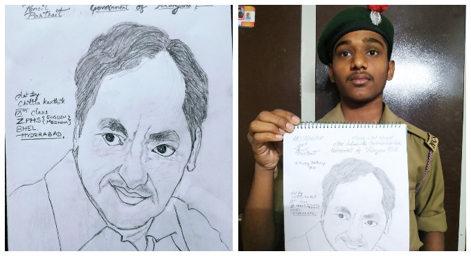 Pencil portrait of KCR by class IX student
