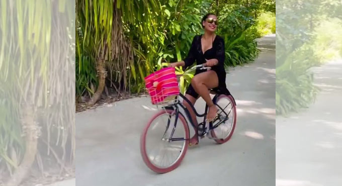 Bipasha Basu goes cycling in black bikini