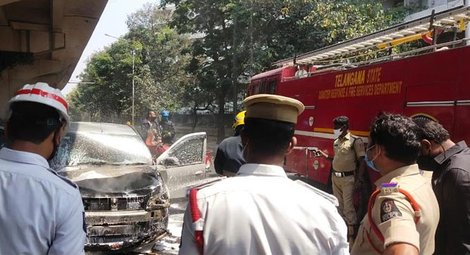 Moving car catches fire in Hyderabad