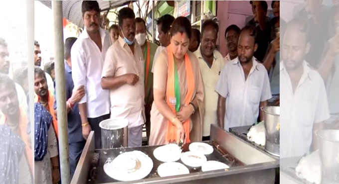 TN Assembly elections: Khushbu Sundar cooks dosas as part of campaign