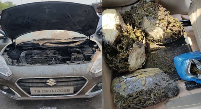 Car used for smuggling marijuana catches fire at Hyderabad’s ORR