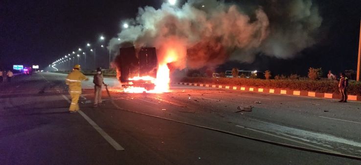 Watch: Two charred to death after container lorry catches fire in Hyderabad