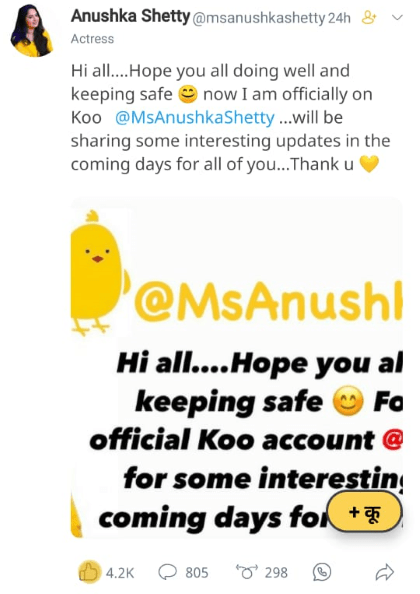 ‘Baahubali’ star Anushka Shetty joins Koo, teases fans about interesting updates