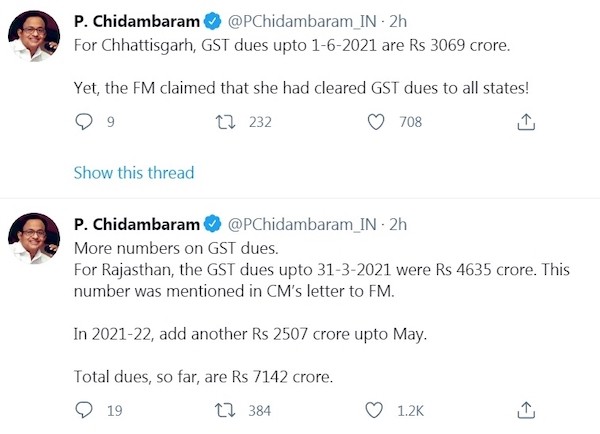 GST dues of states not cleared as claimed by FM: Chidambaram