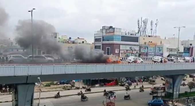 Watch: Car goes up in flames on Hyderabad’s Expressway