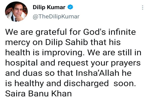 Dilip Kumar still in hospital, health improving: Saira Banu