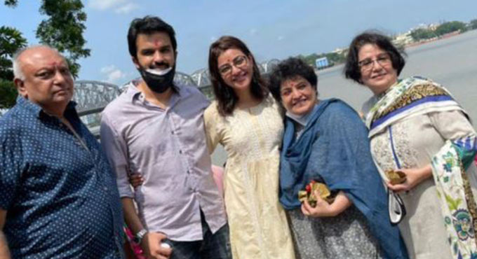 Kajal visits Kali temple with husband and family