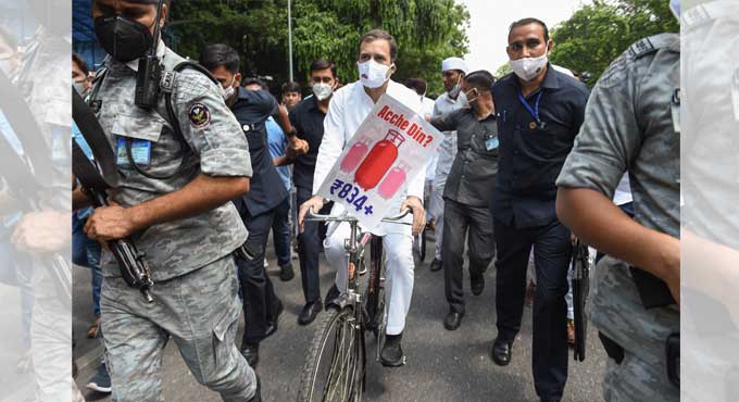 Rahul Gandhi rides bicycle to Parliament to protest fuel hike