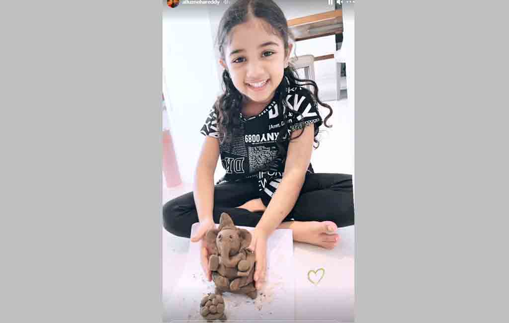 Allu Arha is ecstatic as she makes clay Ganesha at home