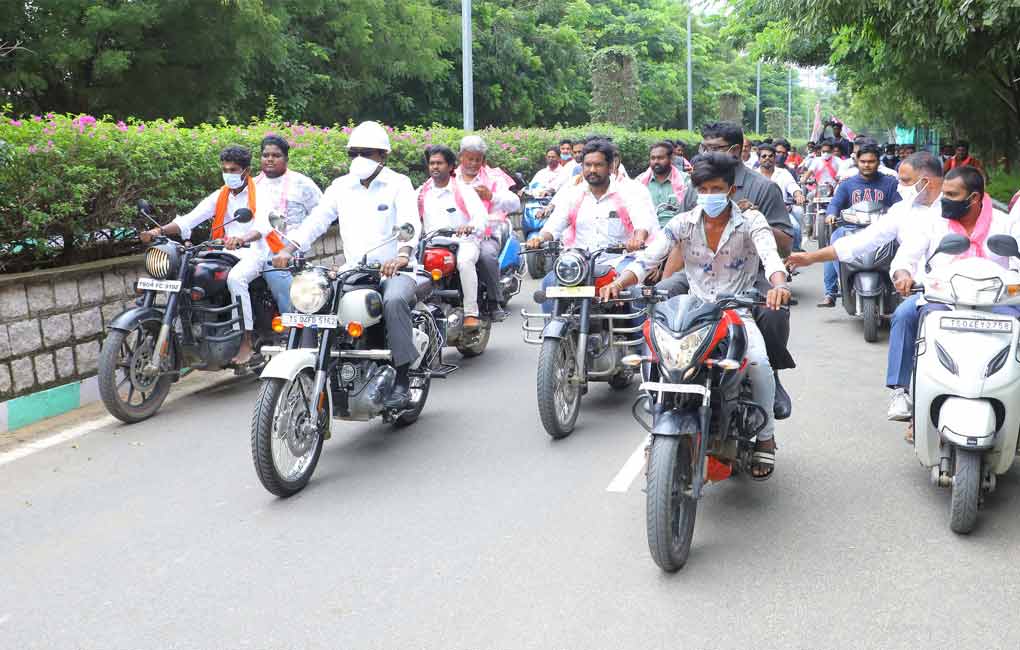 Puvvada tours Khammam on motorbike to distribute Kalyana Lakshmi cheques