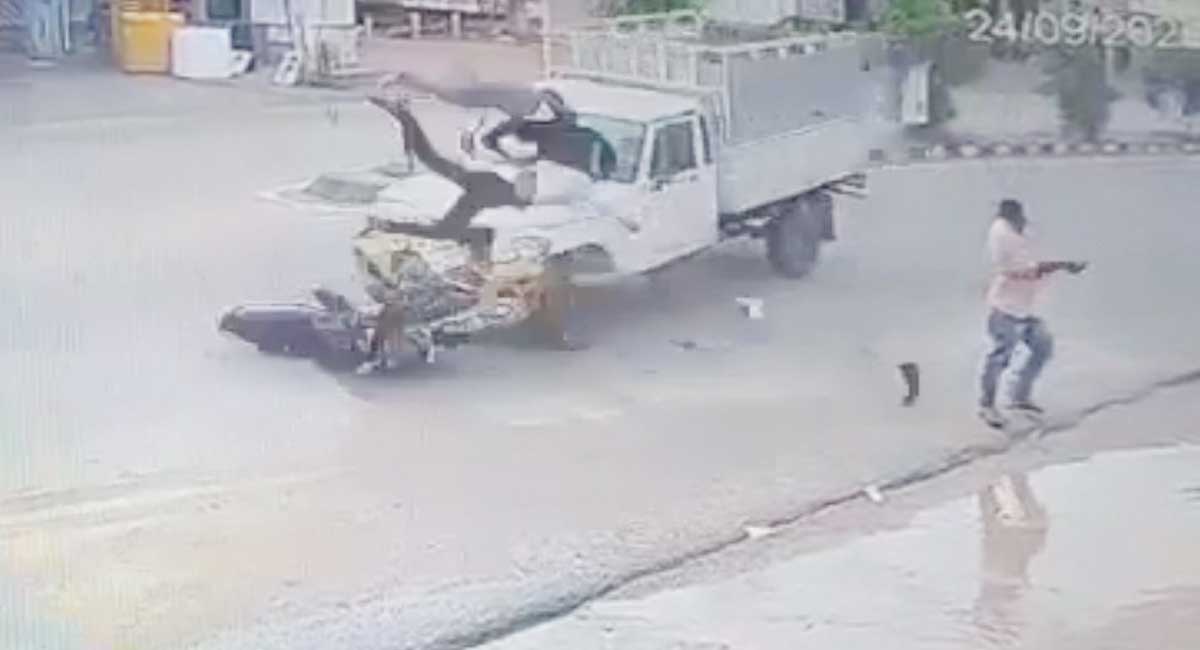 WATCH: Bikers taking a careless turn hit by speeding goods carrier