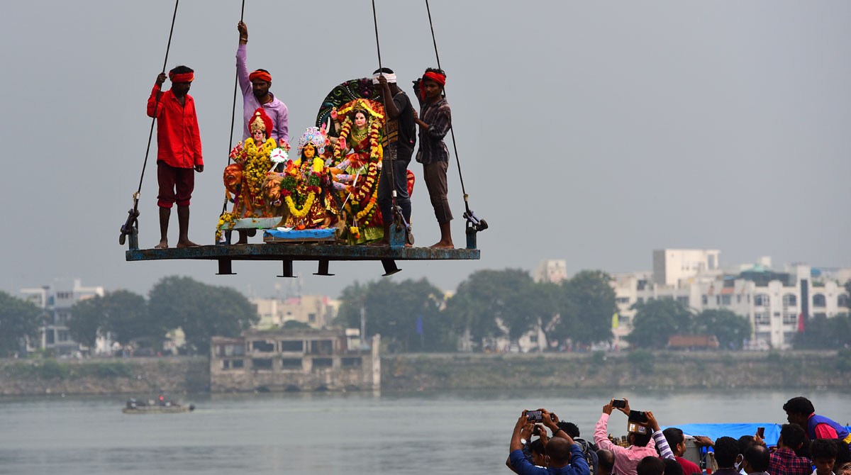 Elaborate arrangements for Durga idol immersion in Hyderabad