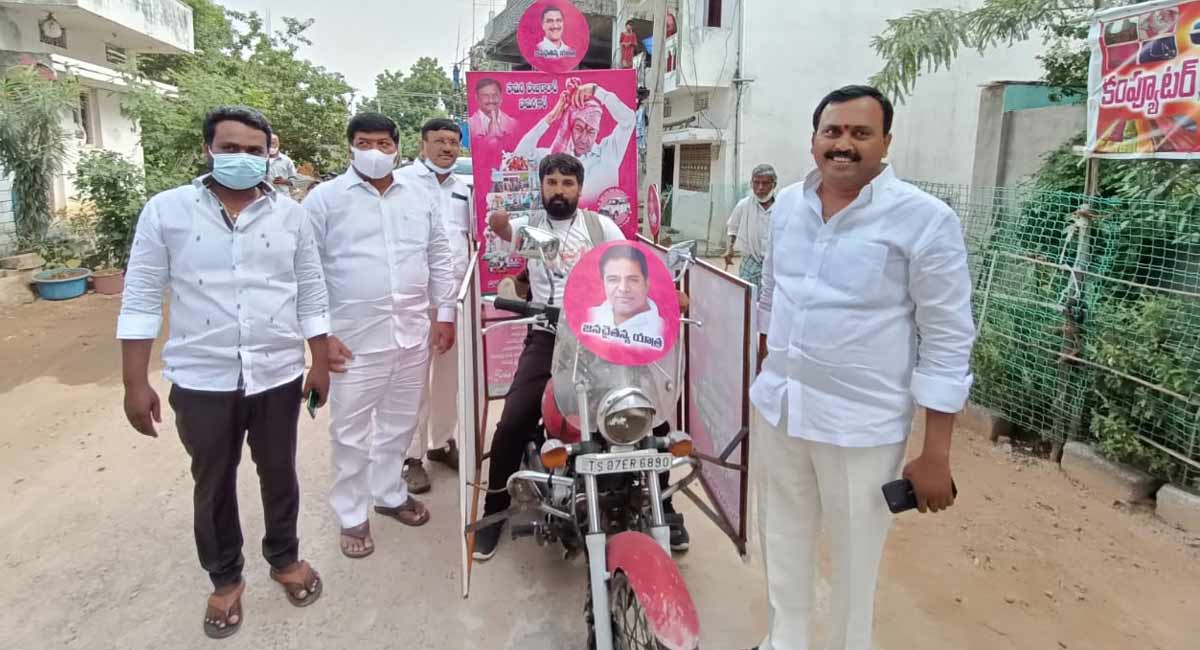 Physically challenged person campaigning for TRS victory in Huzurabad