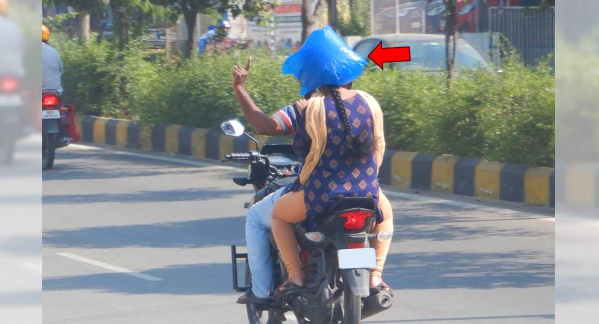 Woman dons plastic cover as replacement for helmet in Hyderabad, cops warn