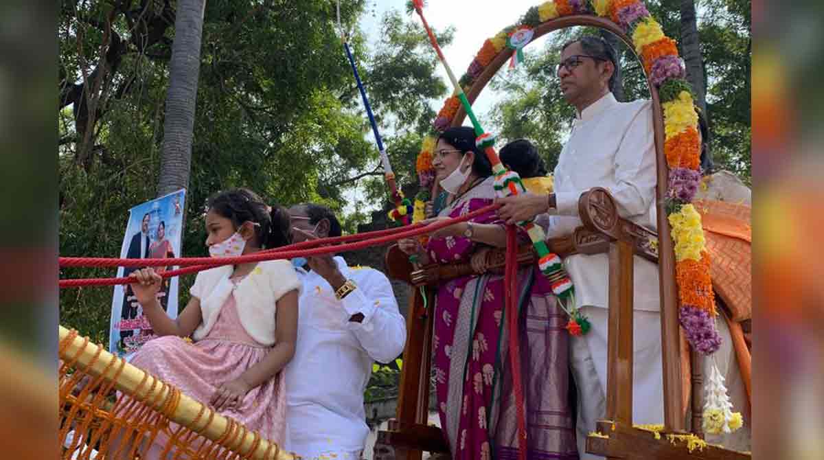 CJI N V Ramana takes bullock cart ride during a visit to native village in AP