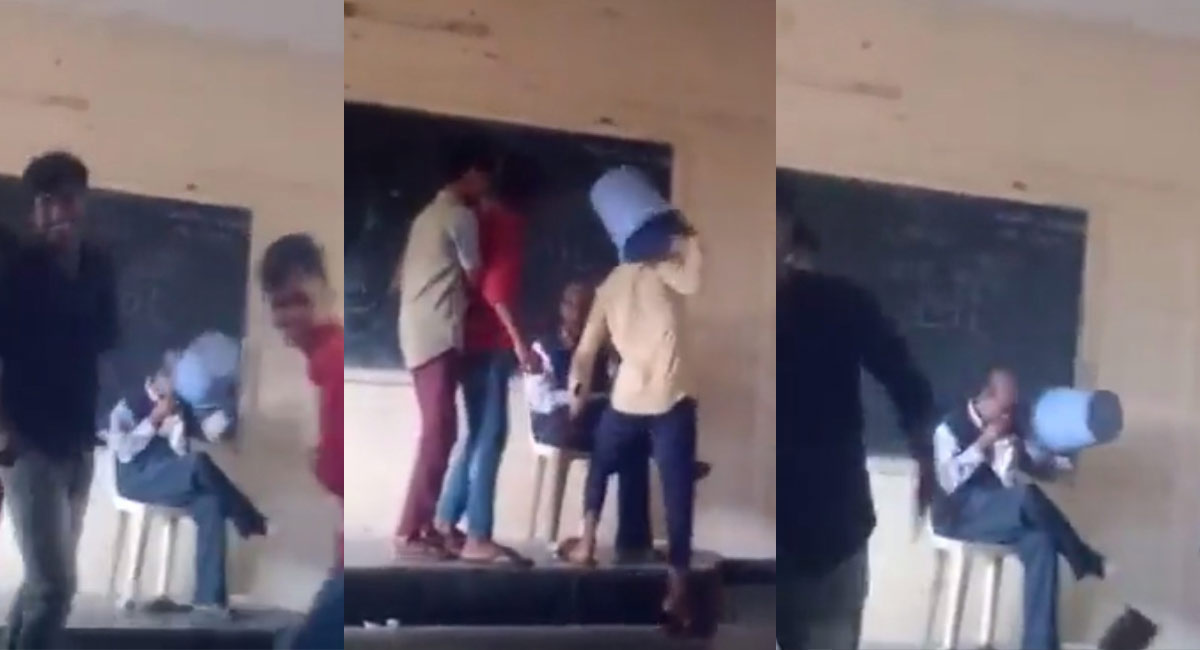 Watch: Students assault teacher, put dustbin on head in Karnataka school