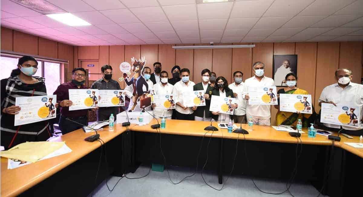 KTR unveils mascot of Telangana IP Buddy ‘Rachit’