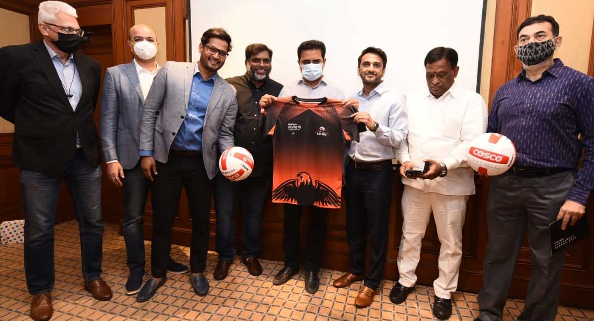 KT Rama Rao presented with Prime Volleyball League official match ball