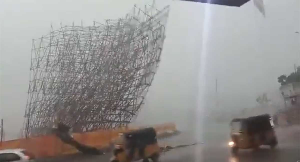 Watch: 70-feet huge cutout collapses in Karimnagar as heavy rains strike the town