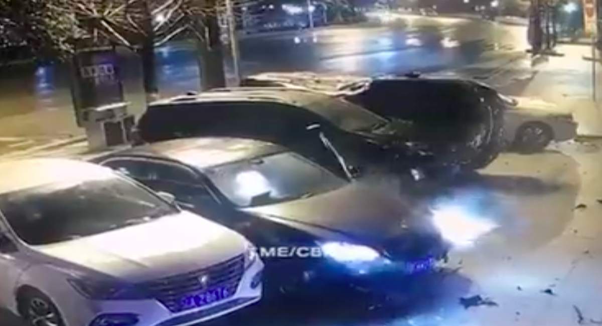 Watch: Car flies off road and crash lands in empty parking space