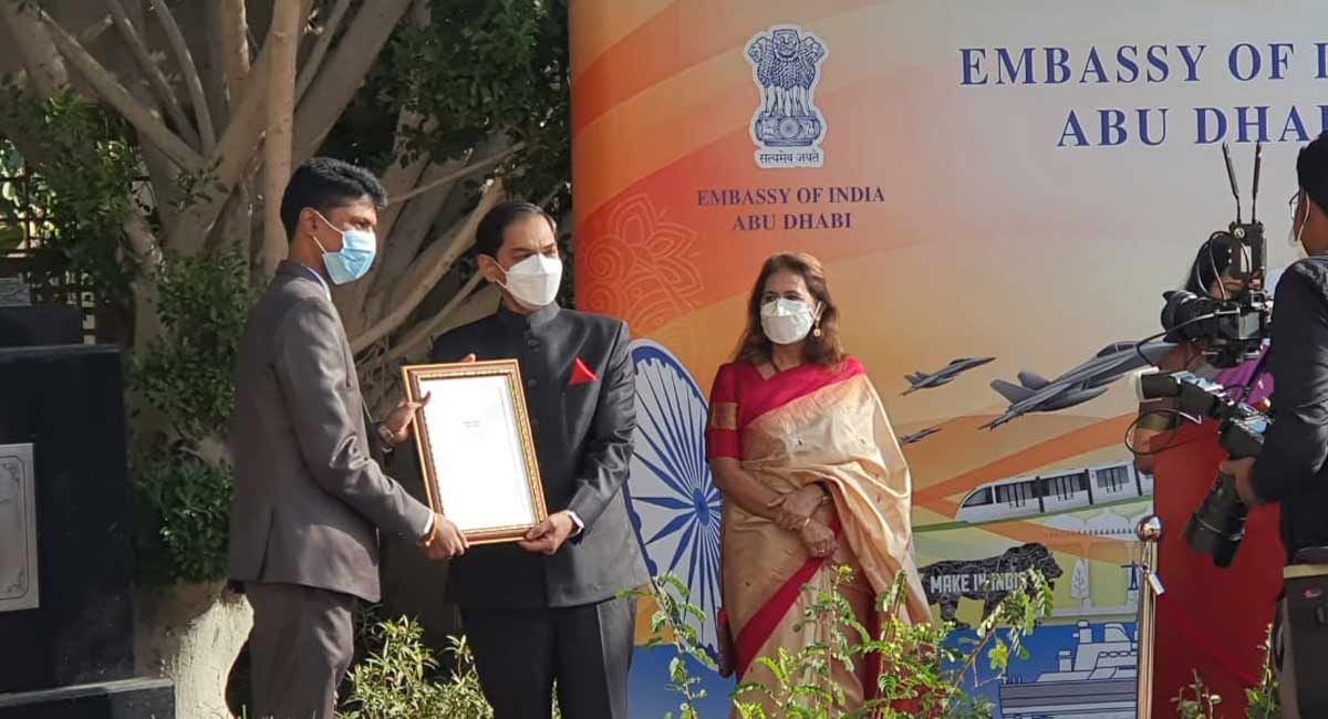 Warangal NRI honoured by Indian Ambassador in UAE on Republic Day