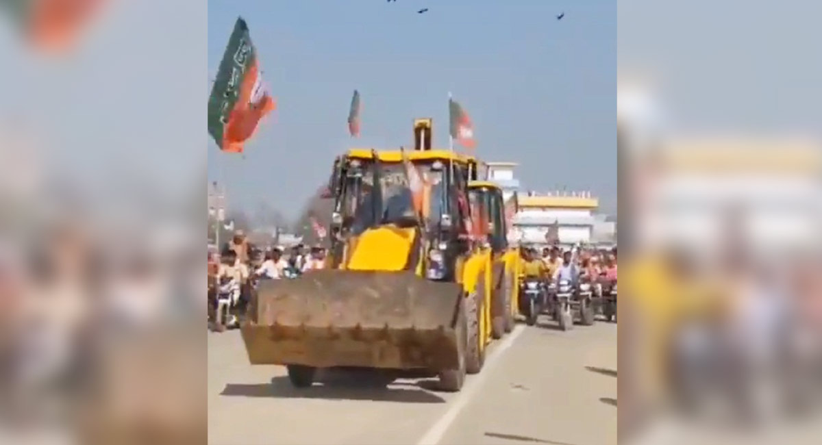 BJP workers celebrate by crushing bicycles with bulldozer in Uttar Pradesh