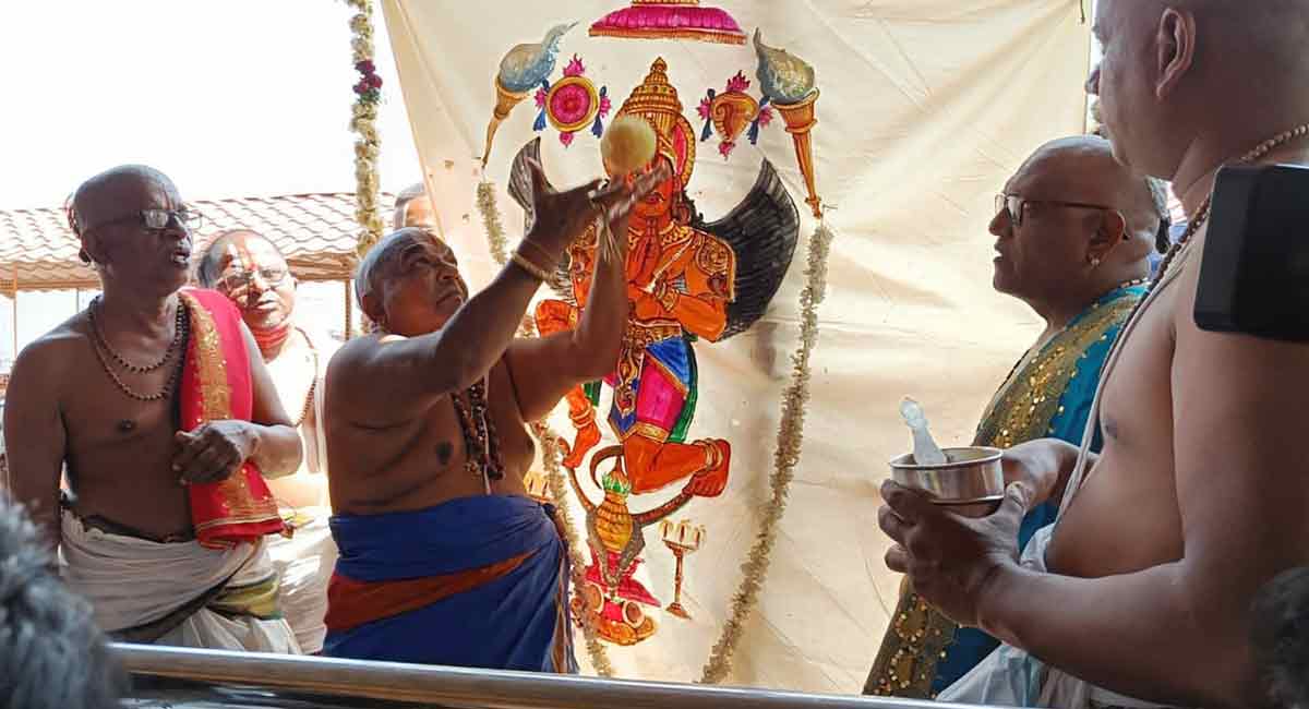 Dhwajarohanam conducted at Yadadri on second day of Brahmostavams
