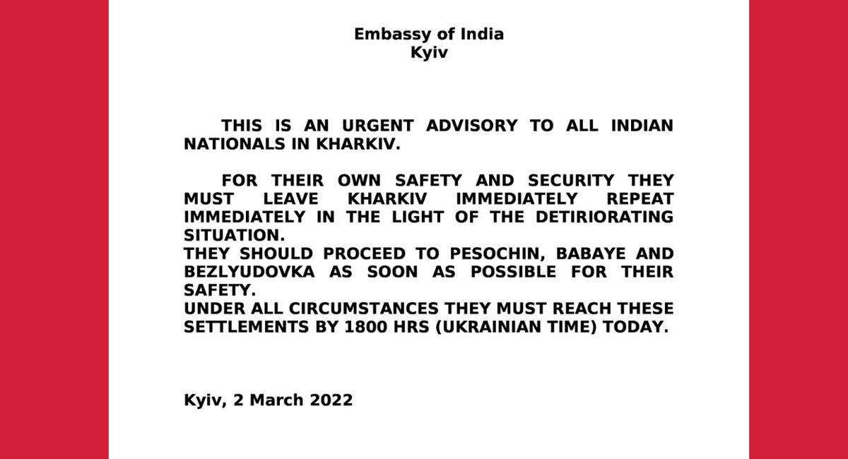Leave Kharkiv under all circumstances by 6 pm: Indian Embassy to citizens