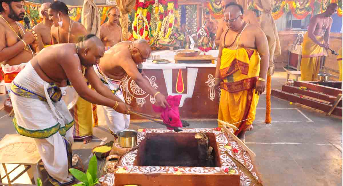 Agni prathishta of Panchakundathmaka yagam conducted at Yadadri