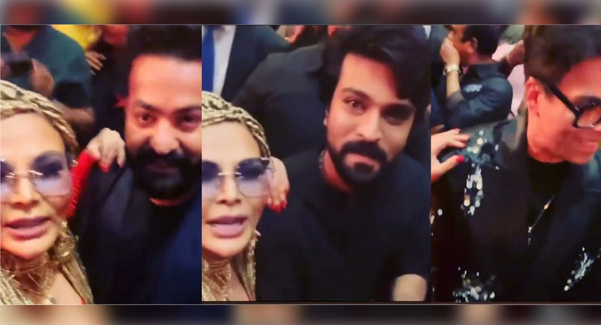 Watch: Ram Charan and Jr NTR’s respond to Rakhi Sawant while Karan ignores her