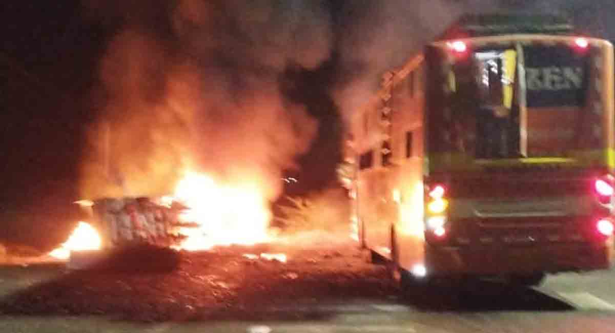 Man burnt alive, eight others injured as bus-goods vehicle collide head-on in Sangareddy