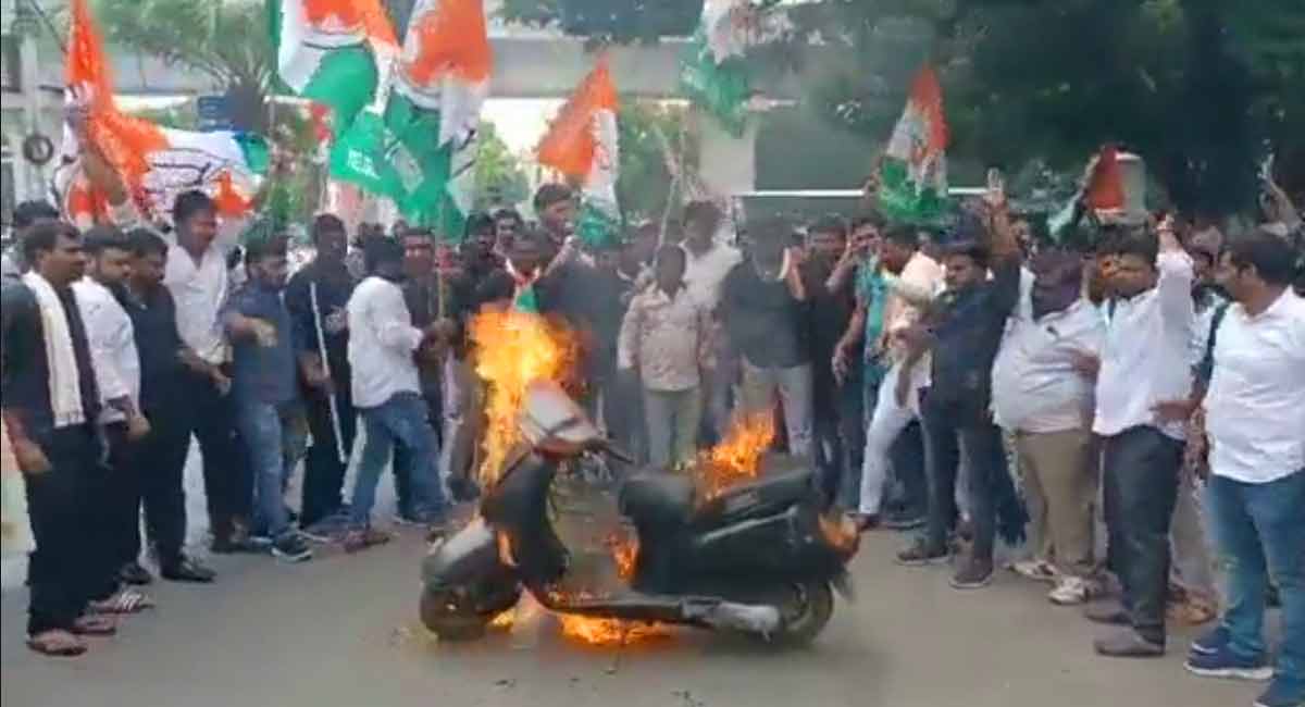Hyderabad: Youth Congress workers set scooter on fire