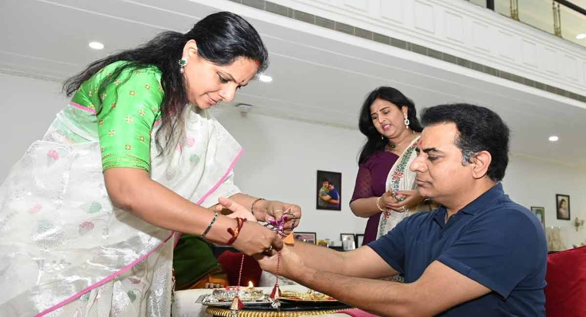 TRS MLC Kavitha ties rakhi to brother KTR
