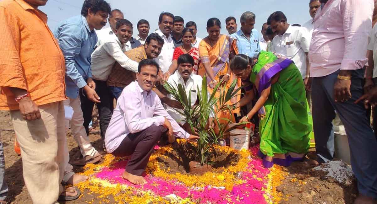 Narsampet MLA distributes oil palm saplings at Khanapur in Warangal