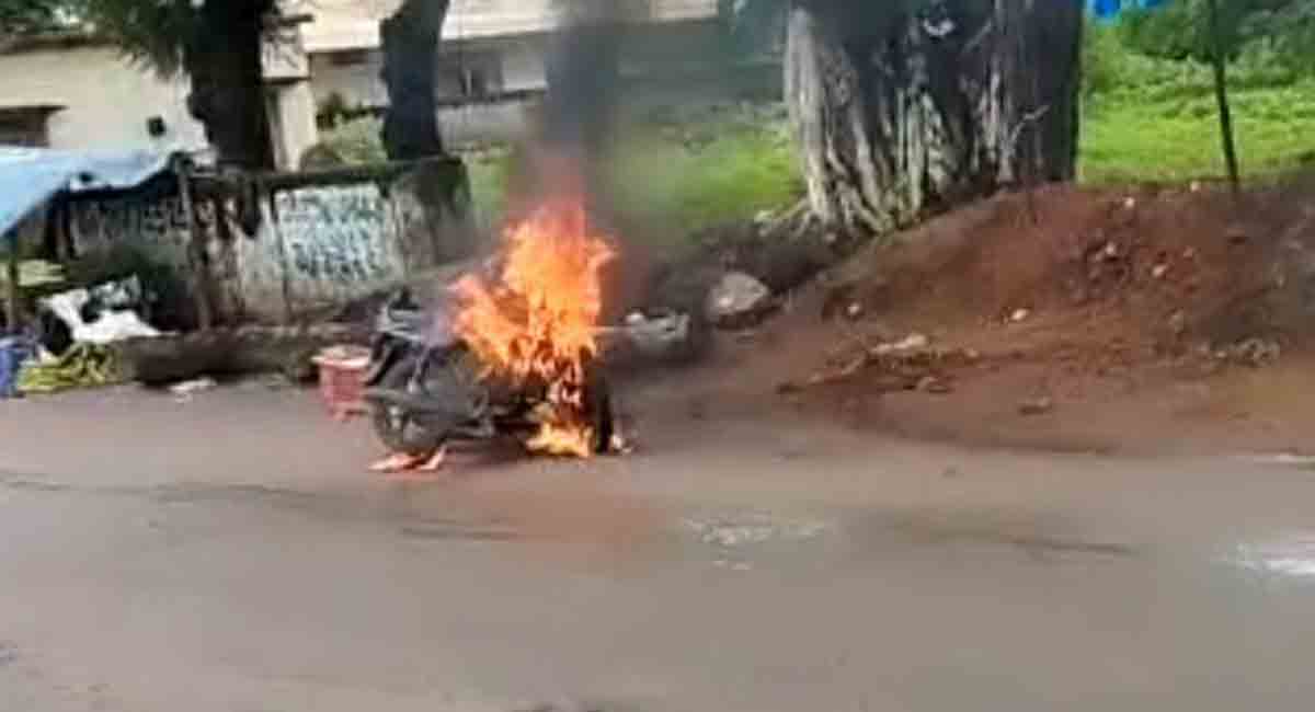 Two-wheeler goes up in flames in Mancherial
