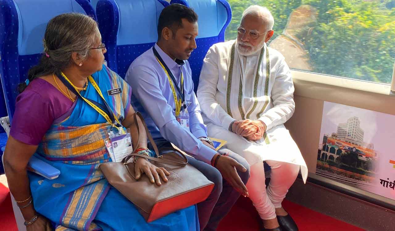 Gujarat: Modi takes ride on board Vande Bharat Express; interacts with co-passengers