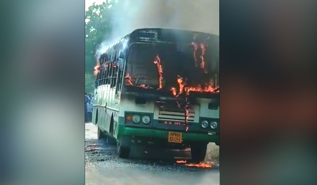 Narrow escape for 60 passengers as bus catches fire in Andhra