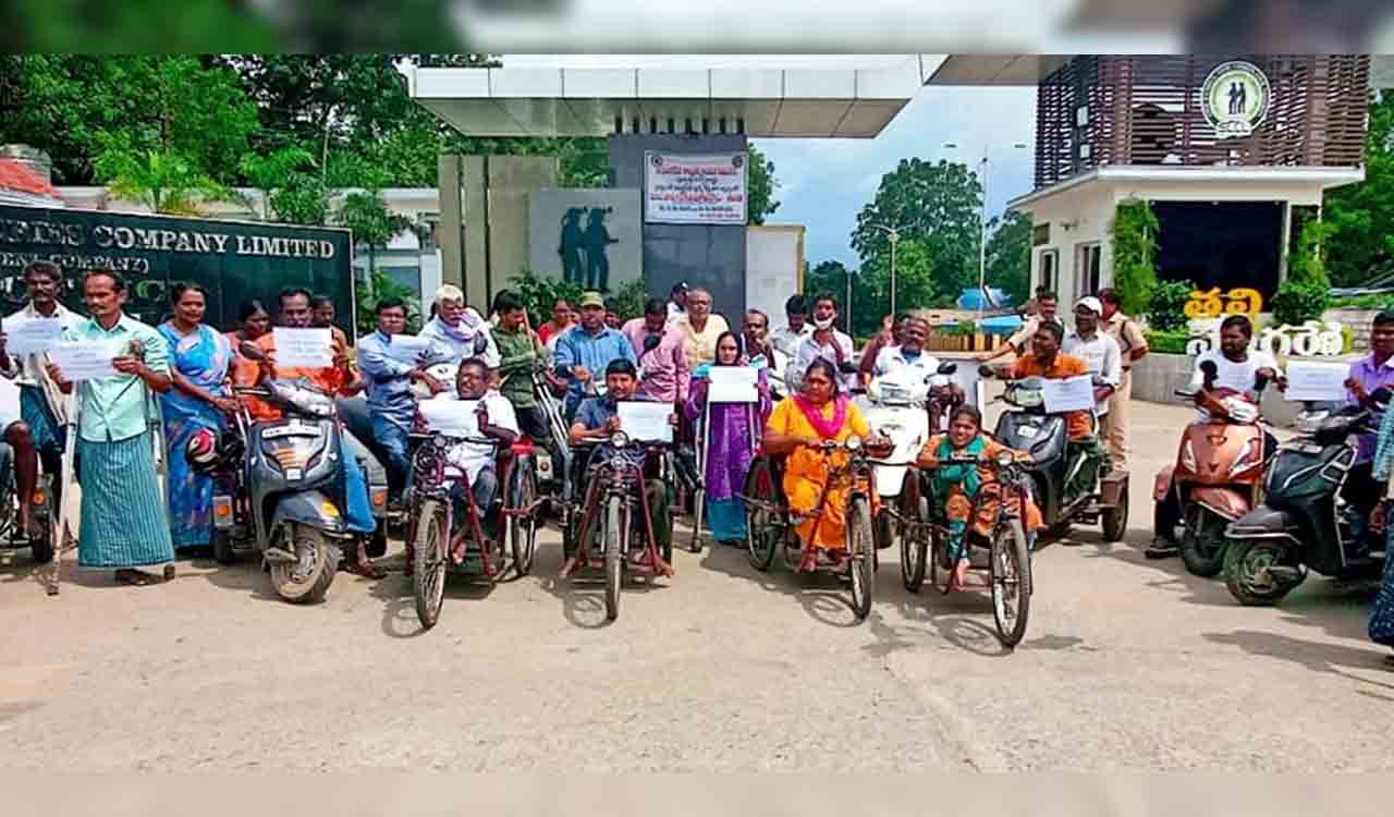 PwDs stage dharna at SCCL corporate office in Kothagudem