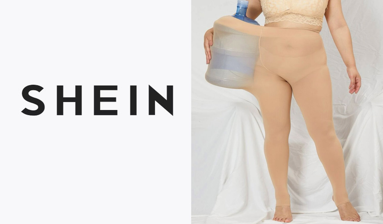 Shein slammed for model posing with water dispenser to show plus-size tights