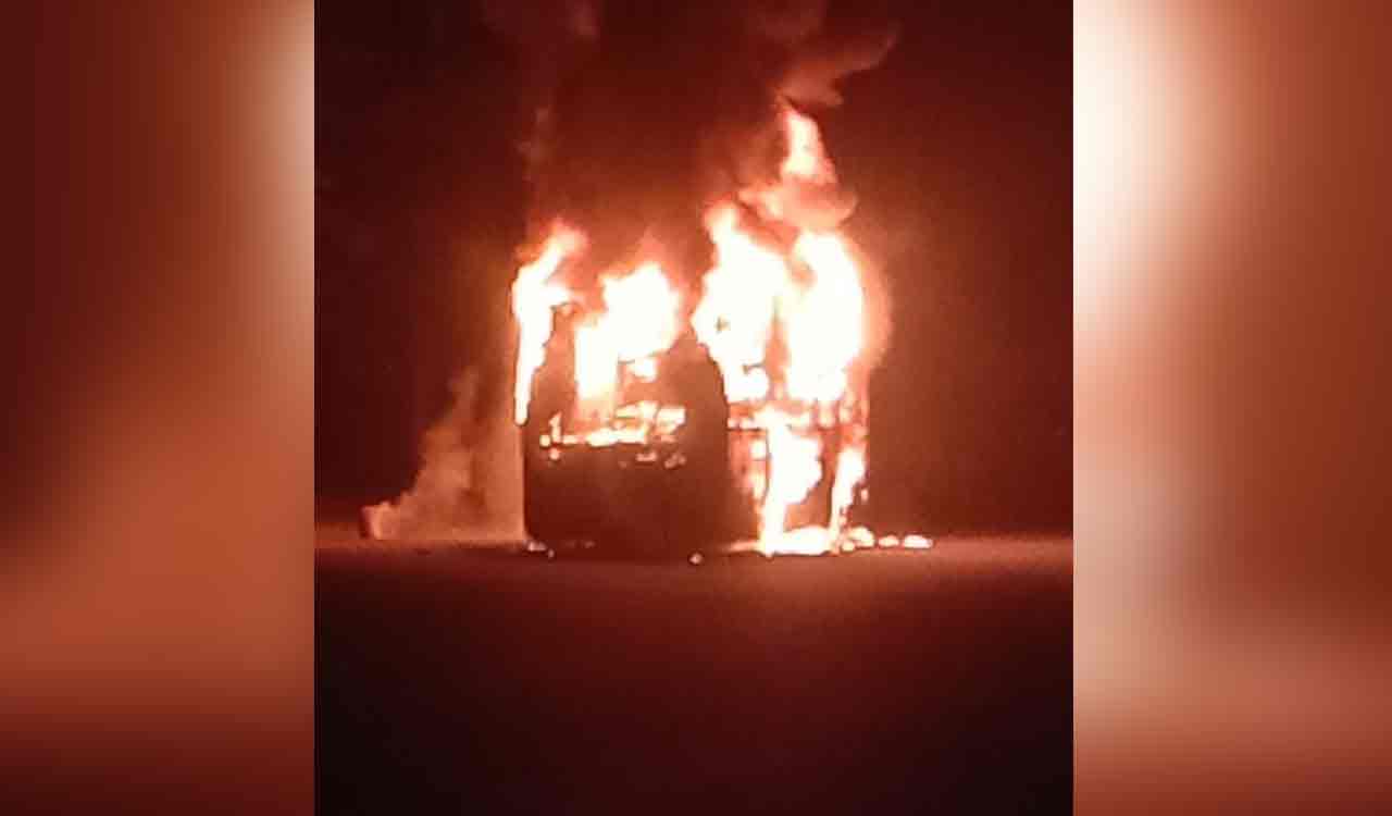 Narrow escape for 29 passengers as private bus catches fire in Nirmal