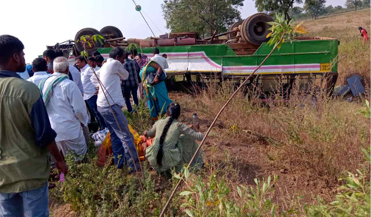 One dead, several injured as RTC bus turns turtle in Vikarabad