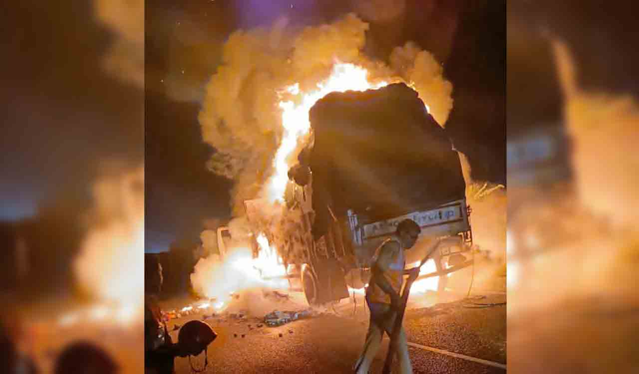 Truck catches fire on NH-65, goods worth Rs 1 crore reduced to ashes