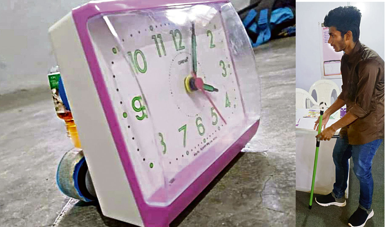 Suryapet: Young innovator makes perfume emitting alarm clock, assistive stick for physically challenged 
