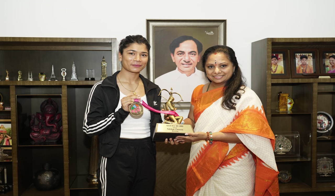 Boxer Nikhat Zareen meets Telangana MLC K Kavitha