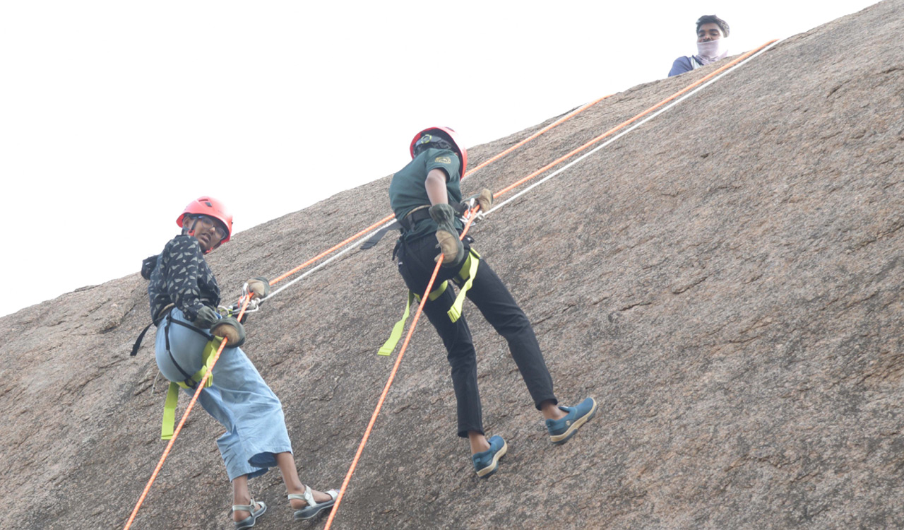KUDA organises rock climbing event at Aggalaiah Gutta in Hanamkonda