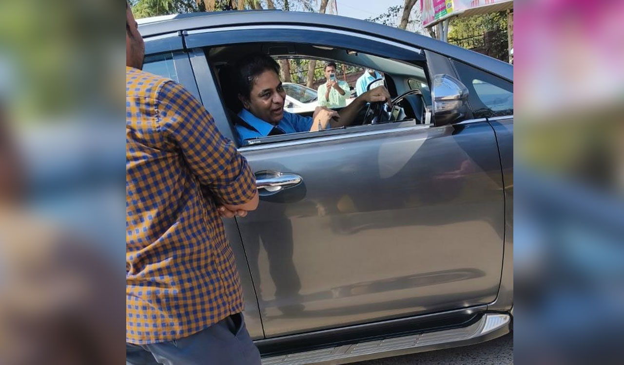 KTR drives to Sircilla on his own, participates in various programmes
